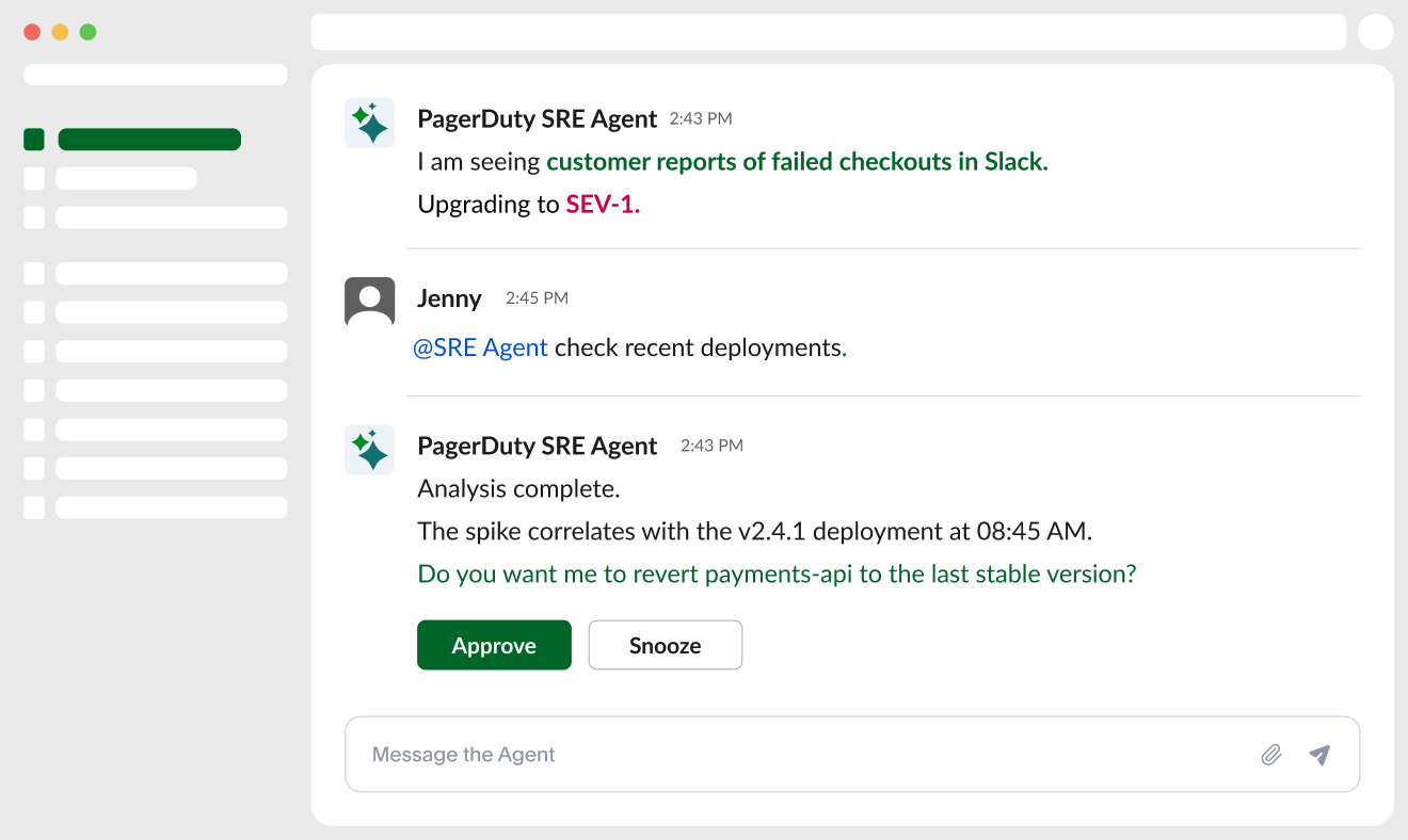 Screenshot of a PagerDuty SRE Agent conversation diagnosing an incident