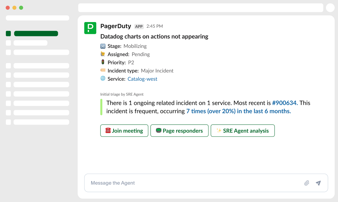 Screenshot of PagerDuty alerts from Slack and Datadog charts