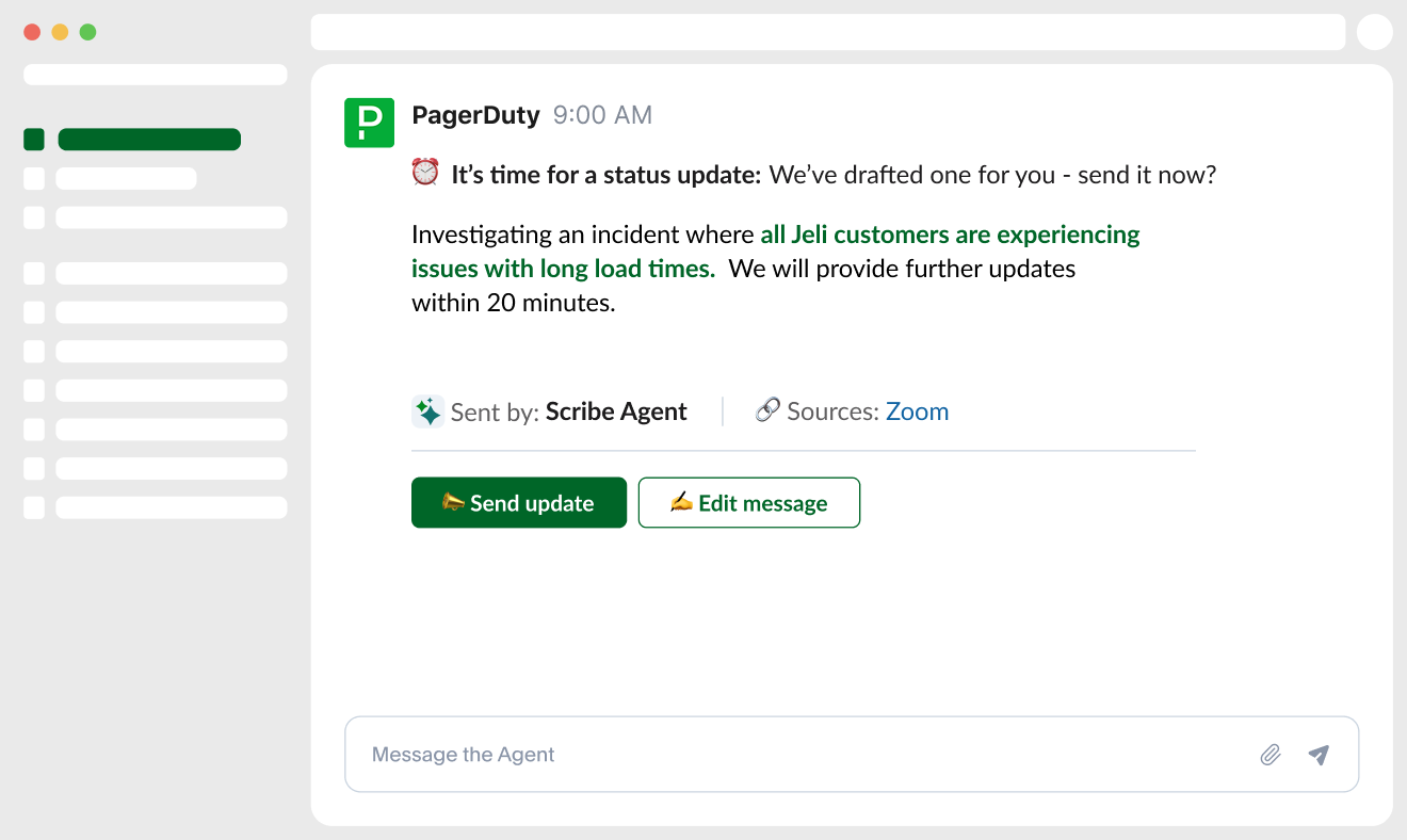 Screenshot of a PagerDuty status update posted to Slack