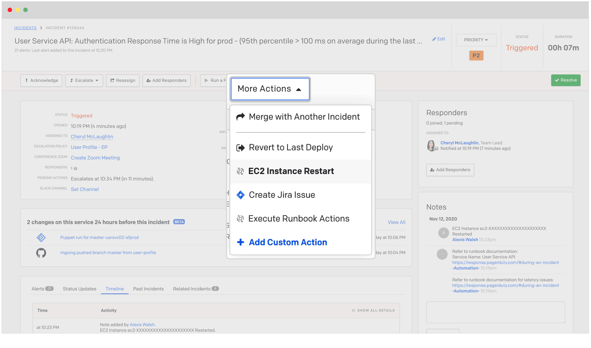 Screenshot of EventBridge integration custom action EC2 instance restart
