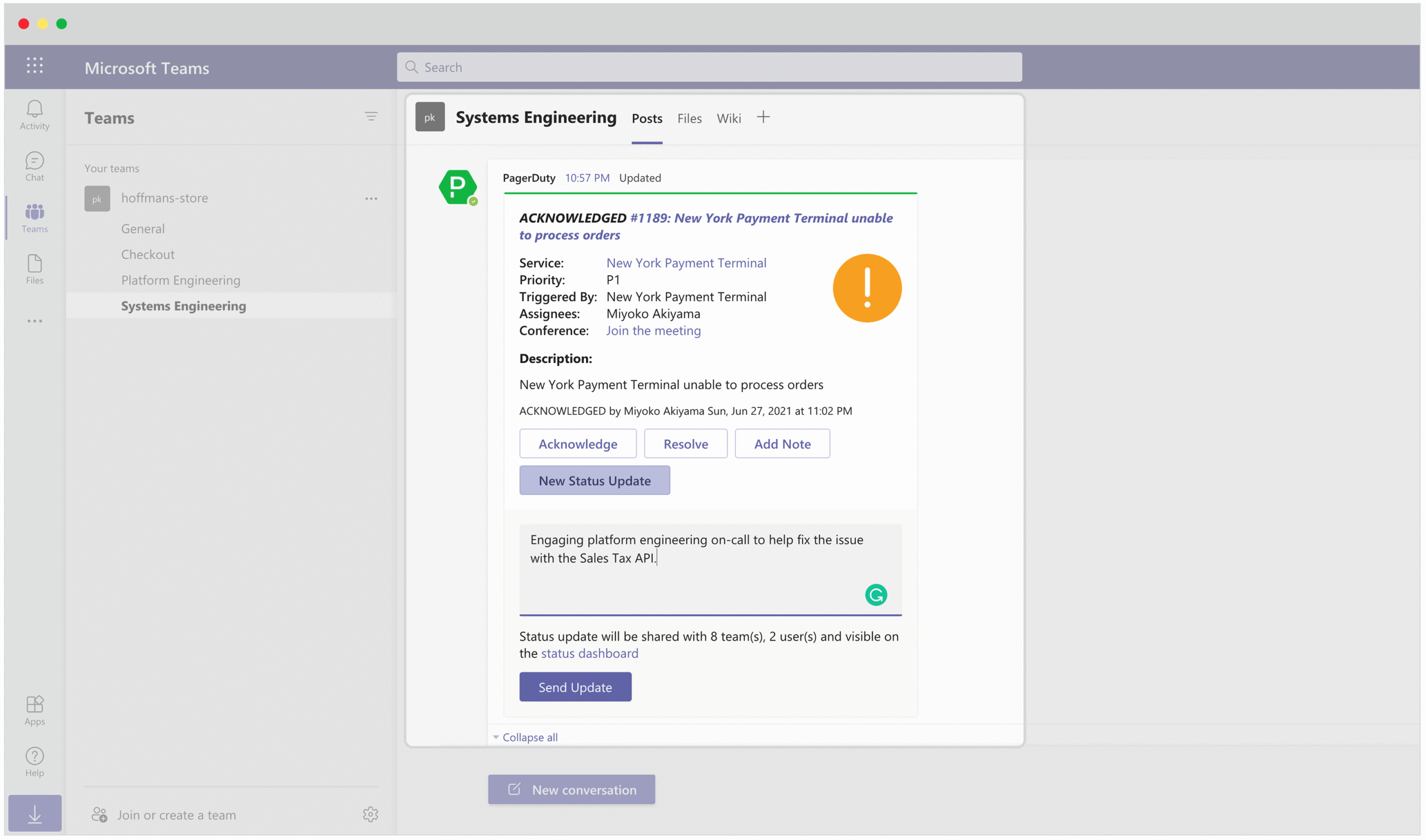 Pictured above: PagerDuty Microsoft Teams (Stakeholder Updates)