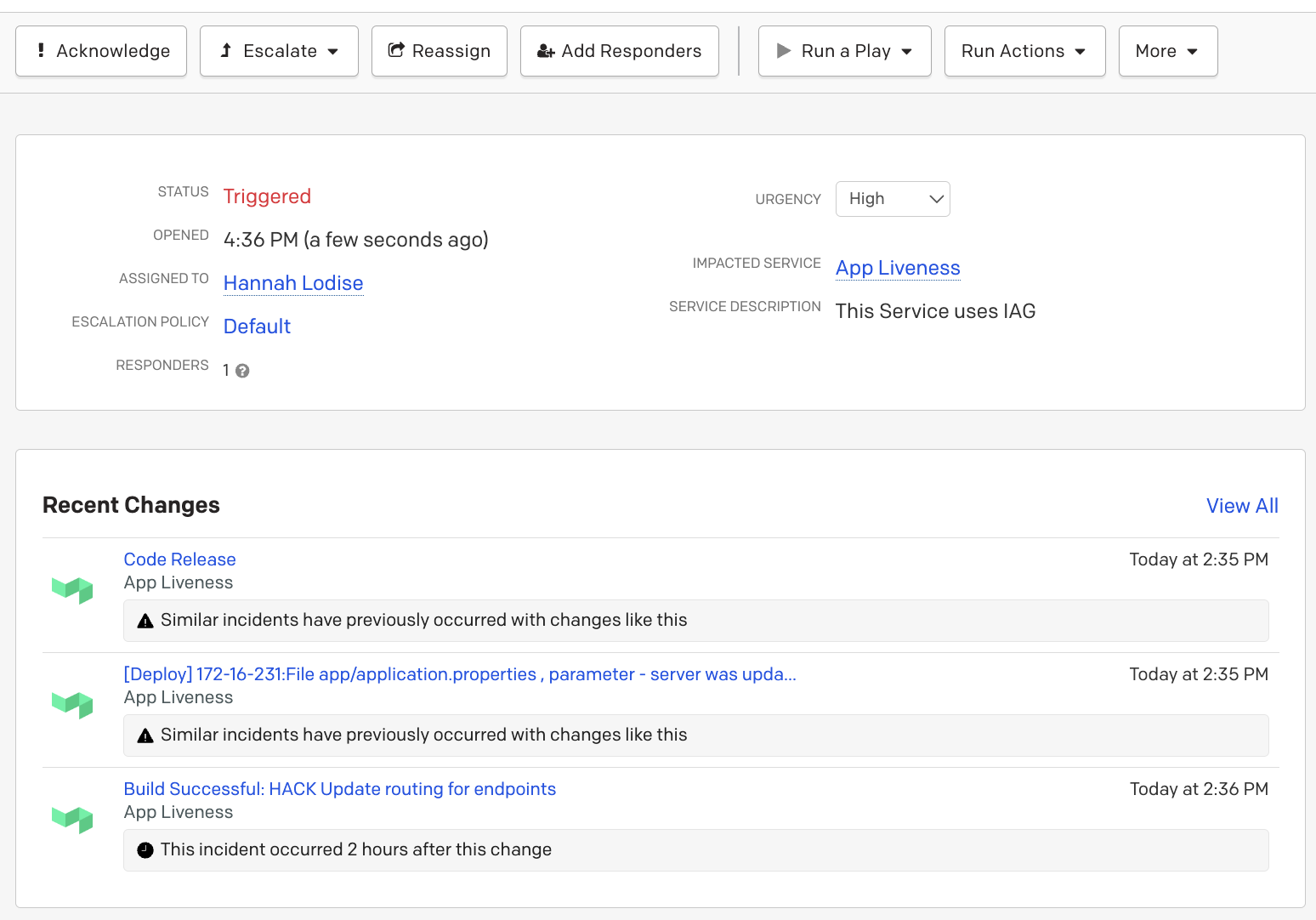 Screenshot of Change Correlation display