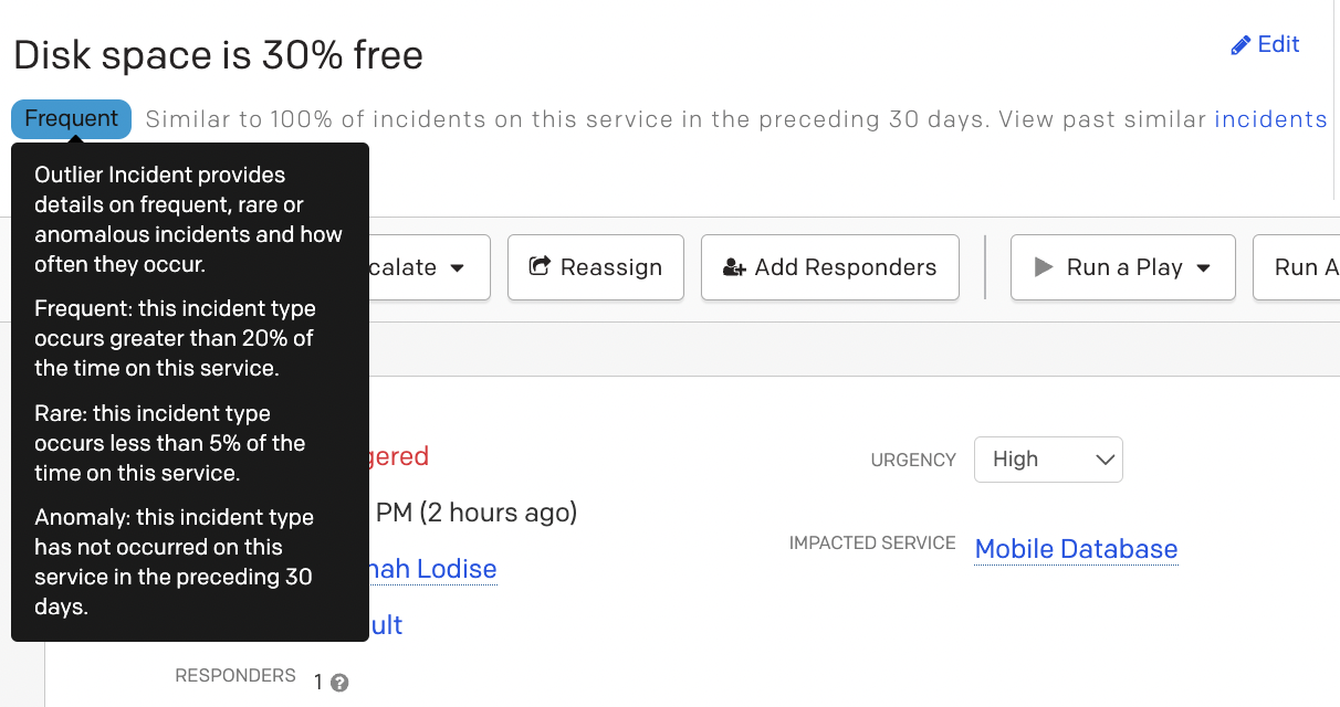 Outlier Incident classification label of "Frequent," "Rare," or "Anomaly."