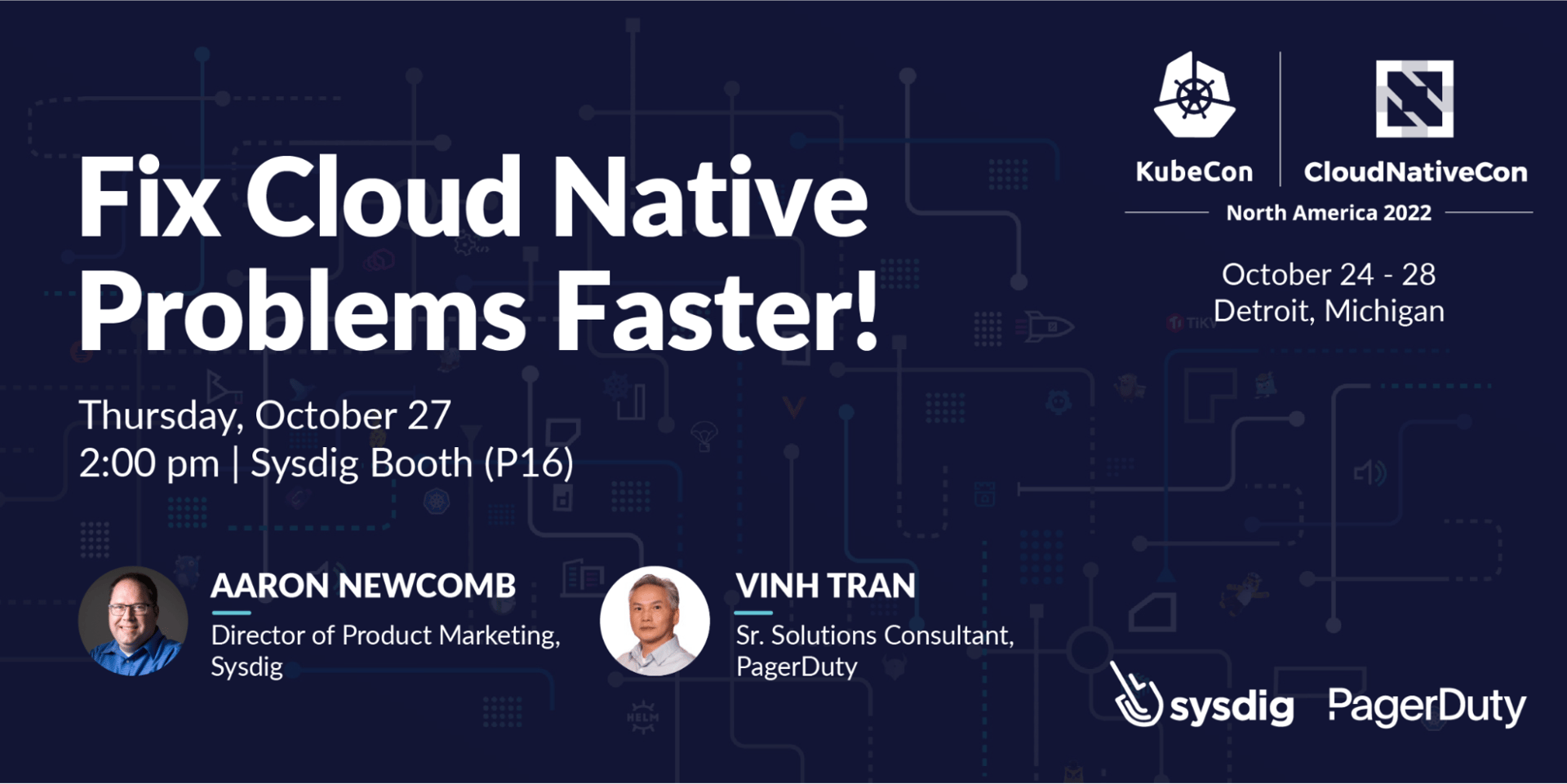 Static promotional imagery for PagerDuty talk track at KubeCon - North America: Fix Cloud Native Problems Faster!