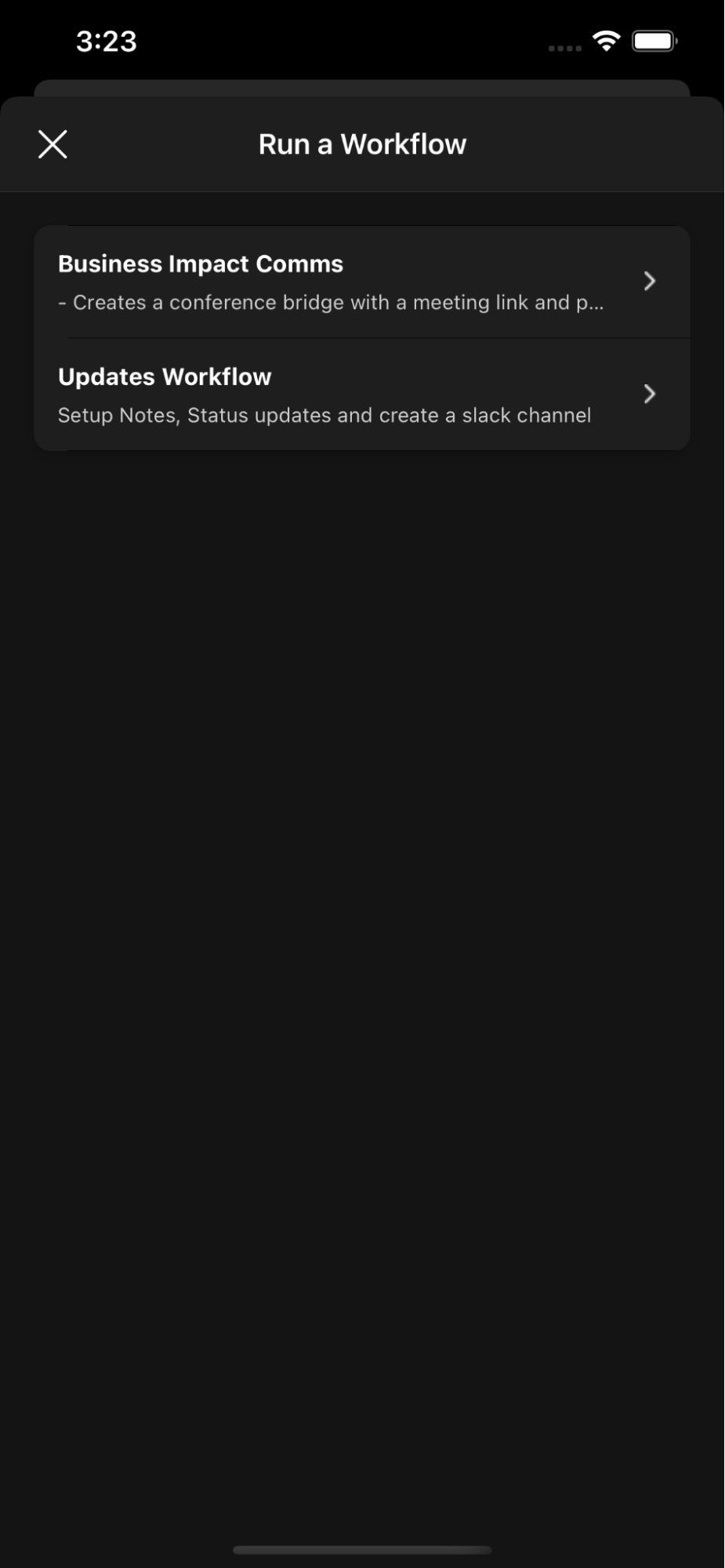Mobile screenshot of "Run a Workflow: