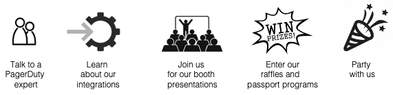 Graphic for learning about PagerDuty integrations, joining presentations, entering raffles, and partying with PagerDuty