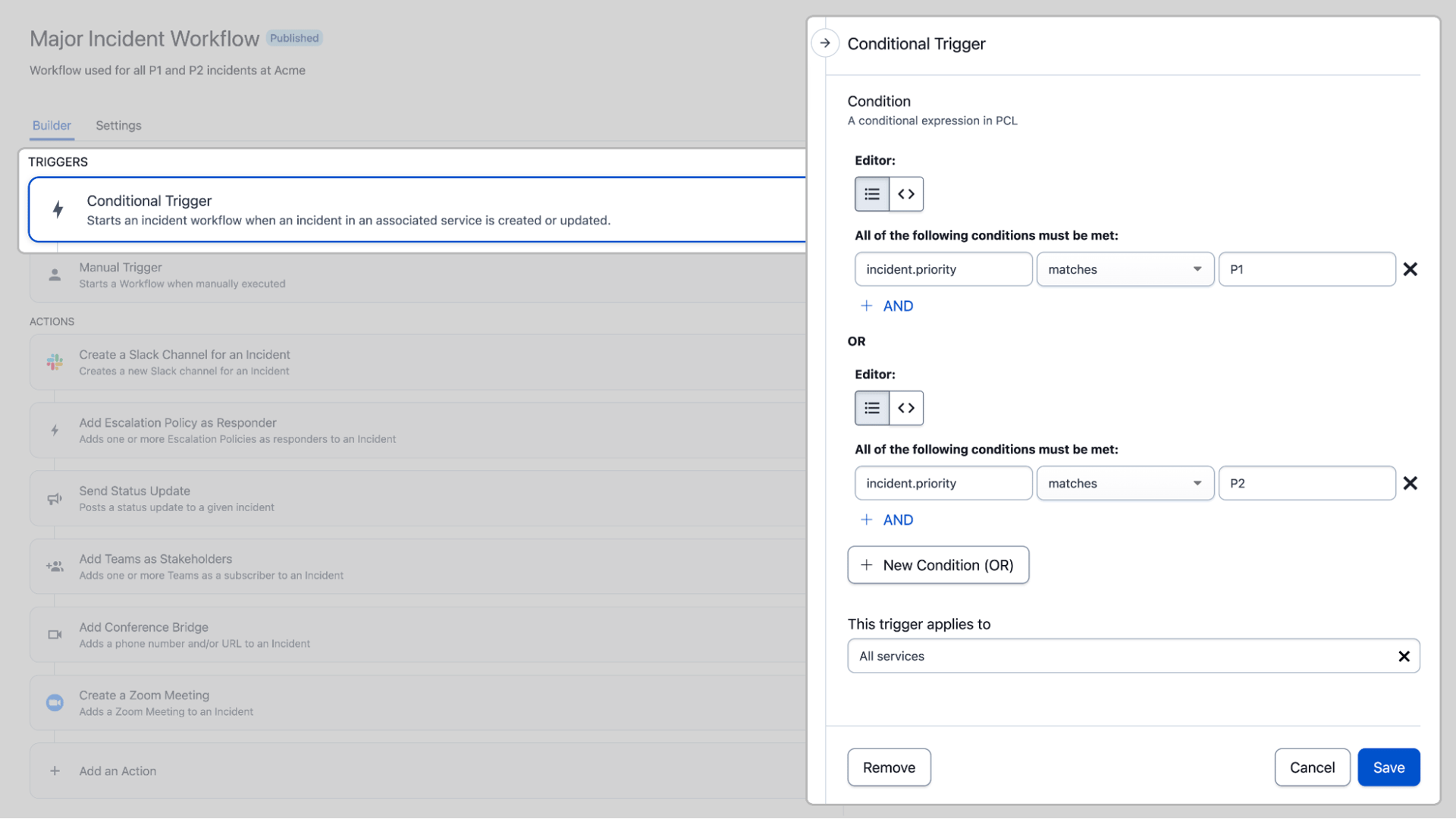 Screenshot of setting up conditional trigger