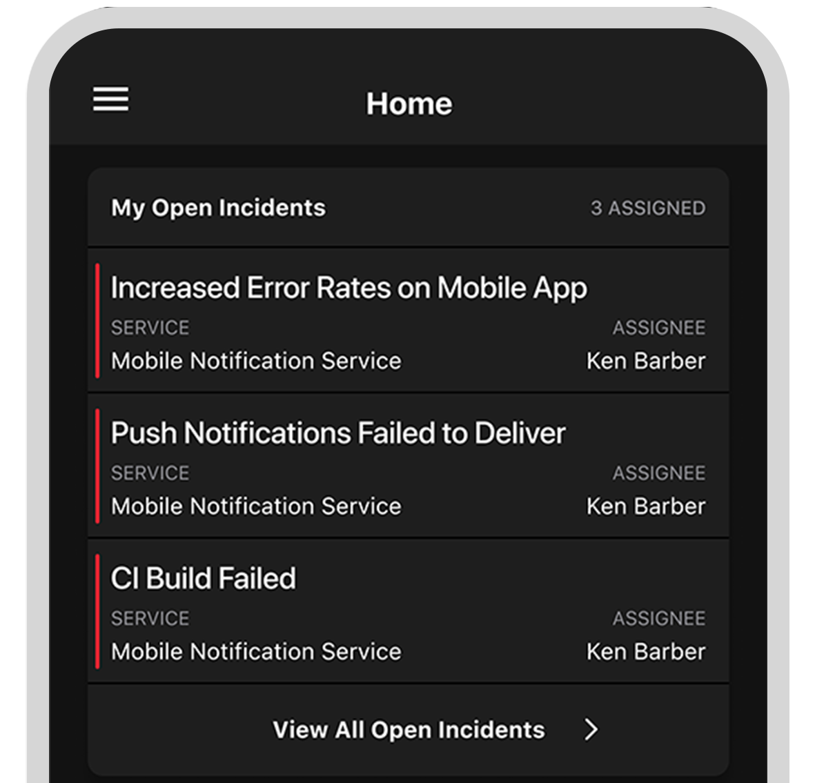 Screenshot of my open incidents feature