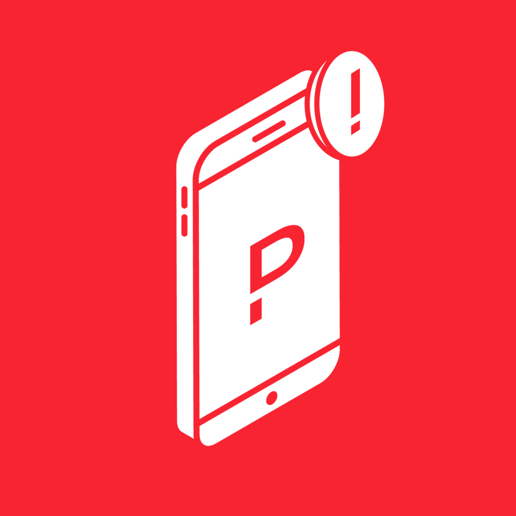 Red square with white illustration of mobile device displaying PagerDuty logo and "!" notification in the top right corner