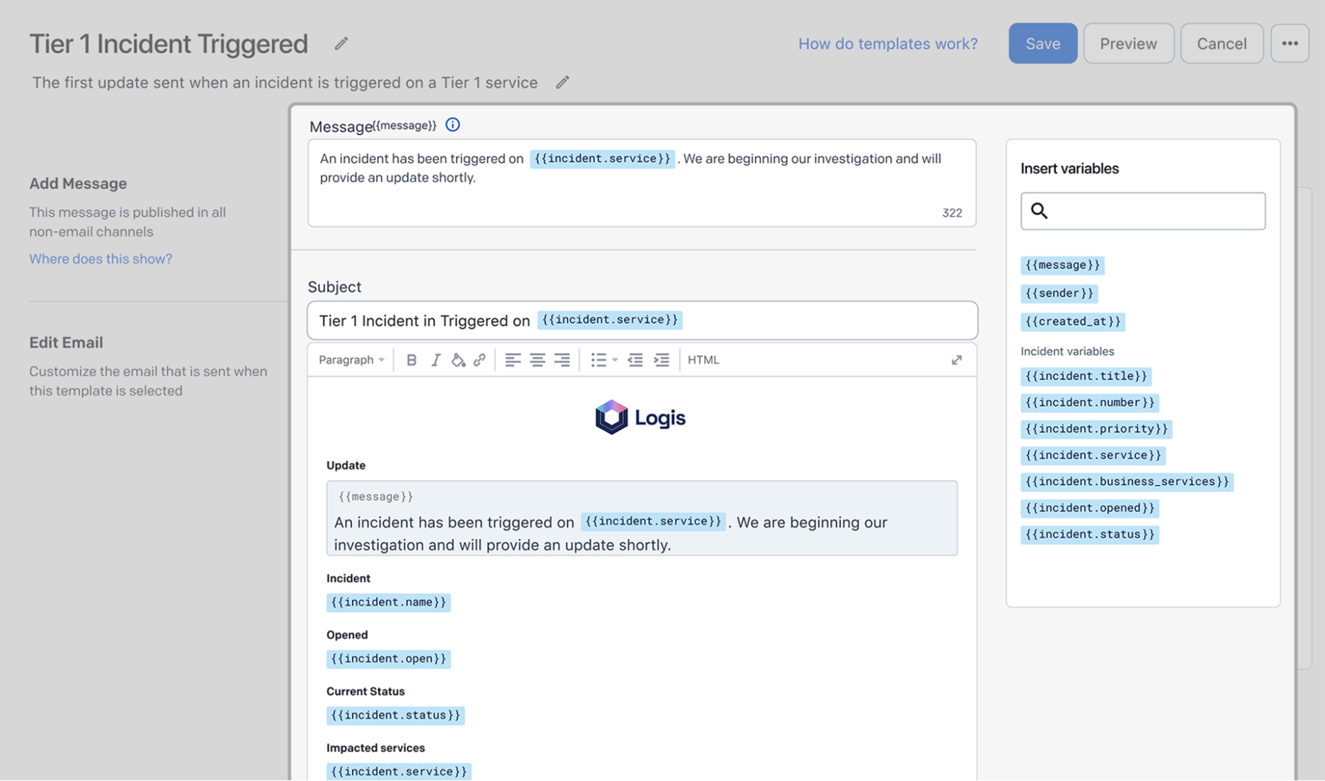 Status update notifications setting up template screenshot: configuring template with variables