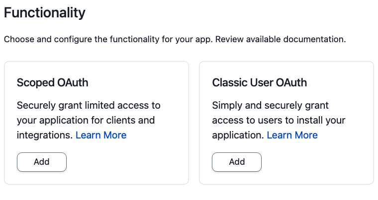 Screen Capture of the PagerDuty platform web UI. There are two description boxes, one for “Scoped OAuth” and one for “Classic User OAuth”. They both have buttons marked “Add”.