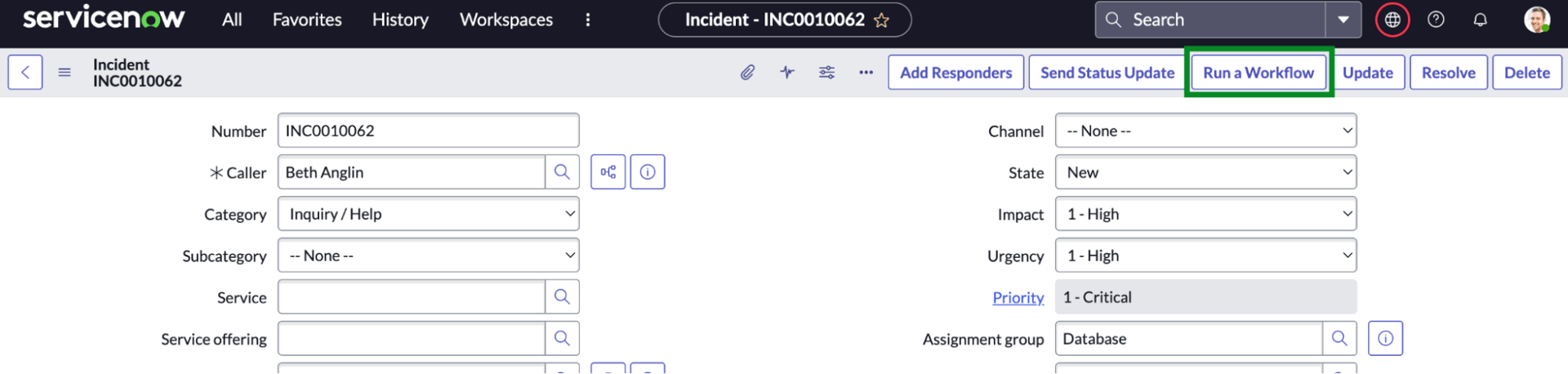 Dashboard of ServiceNow "Run a Workflow" option.