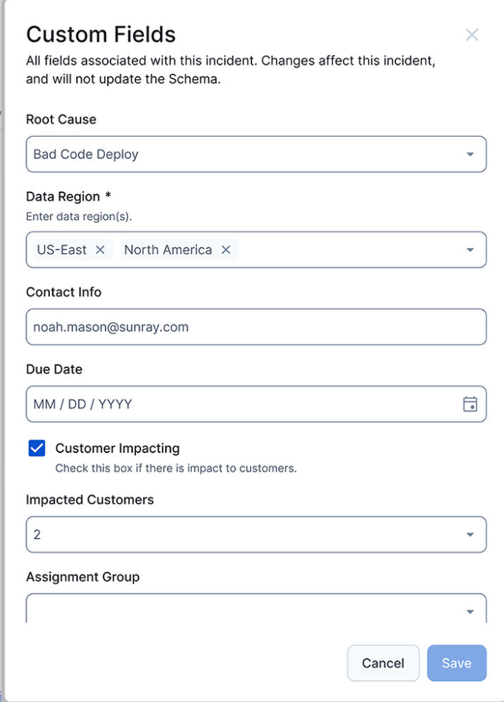 Menu to select custom field values to add to the incident details page