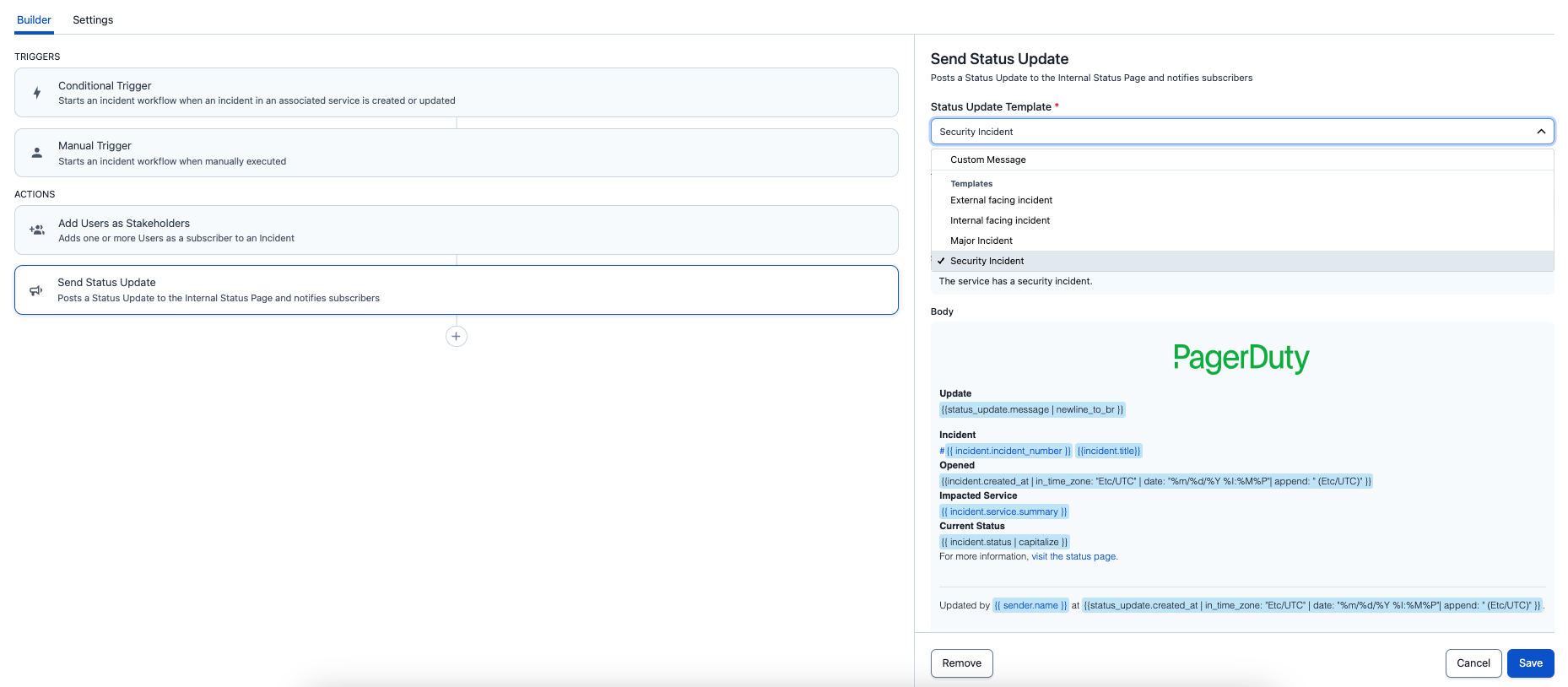Menu for creating a status update from a template within Incident Workflows