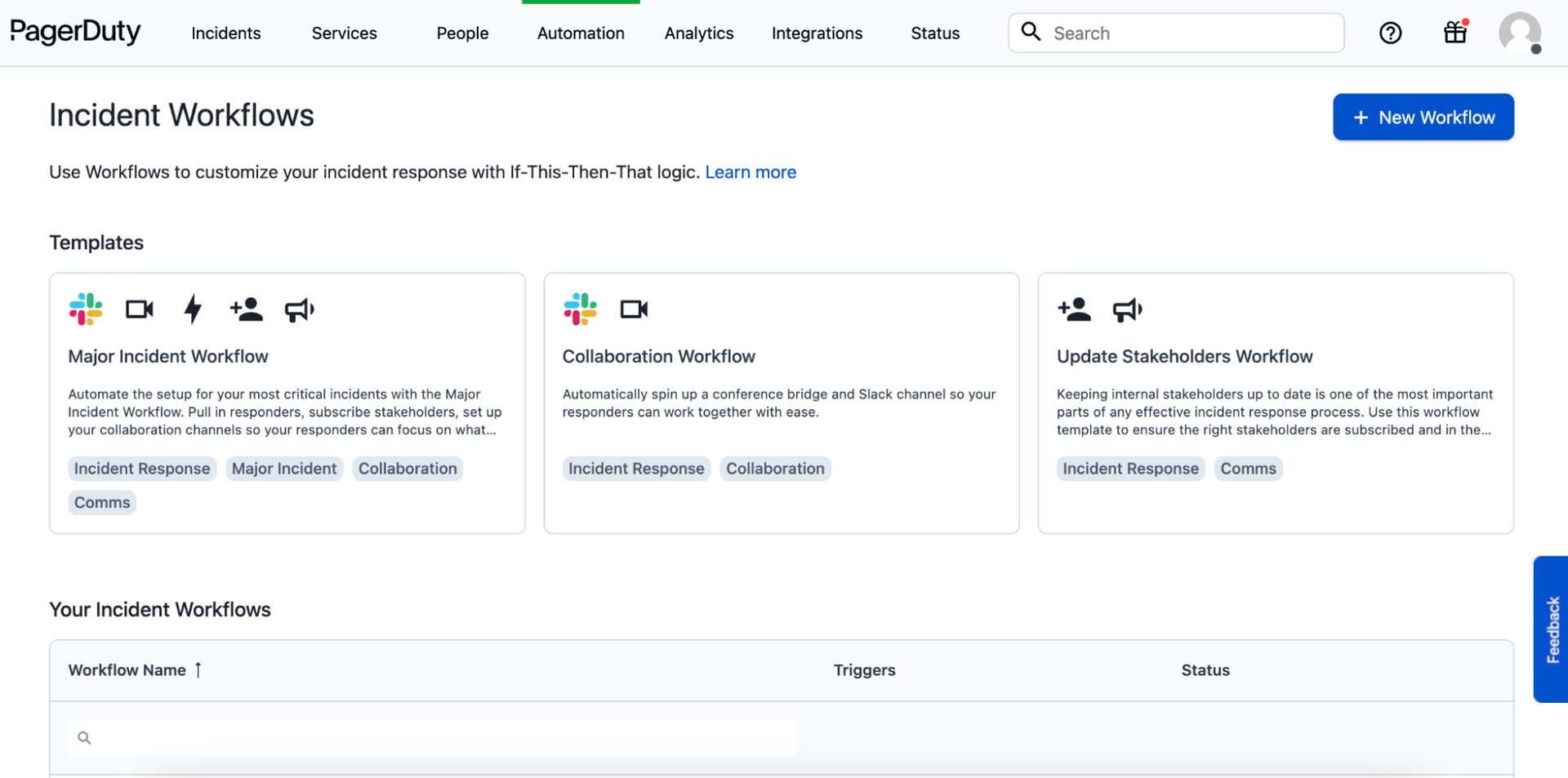 Screenshot showing choice of three Incident Workflow templates.