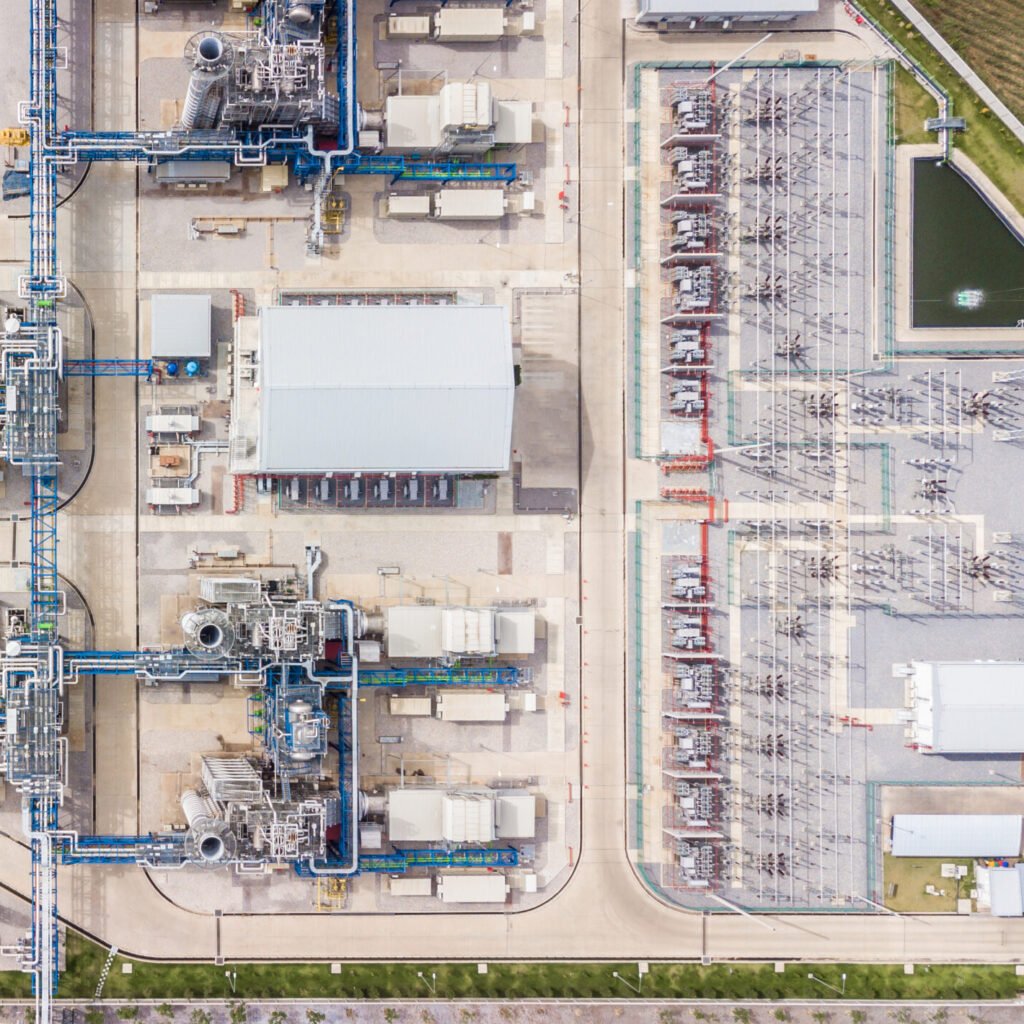 Aerial top view electric substation, view from above electric station.