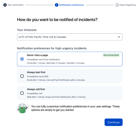 Screenshot of the notifications preferences setup.