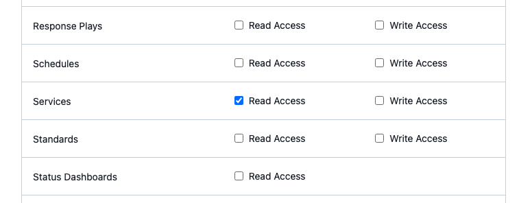 A section of the PagerDuty web UI page for app configuration. This section is a three-column list of potential objects in PagerDuty that an app might require access to. The first column is made up of names of objects, such as “Response Plays”, “Schedules”, and “Services”. The second column presents checkboxes to the user to allow “Read Access” to the objects, and the third column presents checkboxes to allow “Write Access”. All boxes are unchecked except the “Read Access” box for “Services”.
