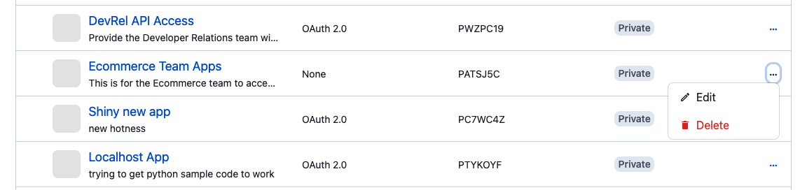 A portion of the PagerDuty web UI, a table with six columns and four rows. The columns represent: an icon for the included app; the name and description of the app; what authentication the app requires; the PagerDuty object ID of the app; whether the app is “Private” or “Public”; and a clickable ellipsis with options. The ellipsis for the second row is shown clicked and a small dialog box is displayed with two options: “Edit”, in black text, with a pencil icon, and “Delete”, in red text, with a trash can icon.