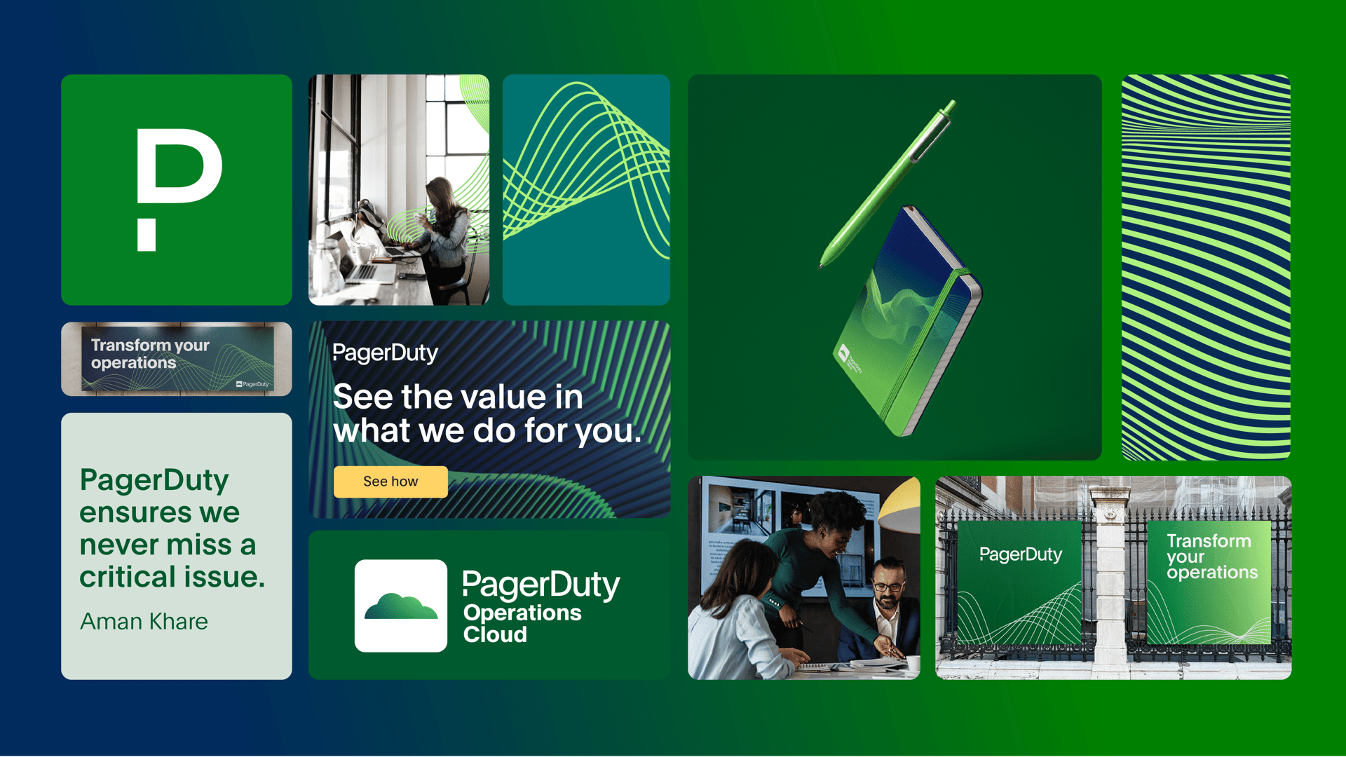 Collage image showcasing four-color gradient and waveform design elements.