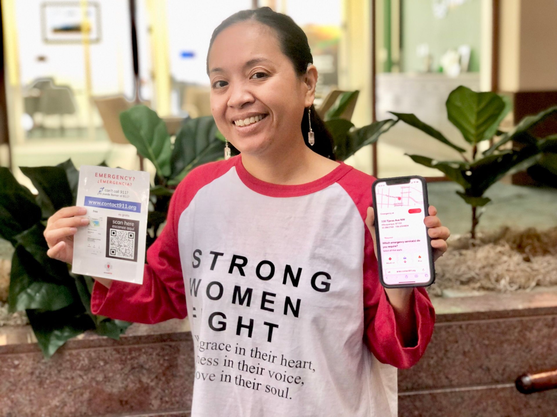 accesSOS
Photo of a person with a mobile phone showing accesSOS app in left hand and QR code to access the app in right hand.