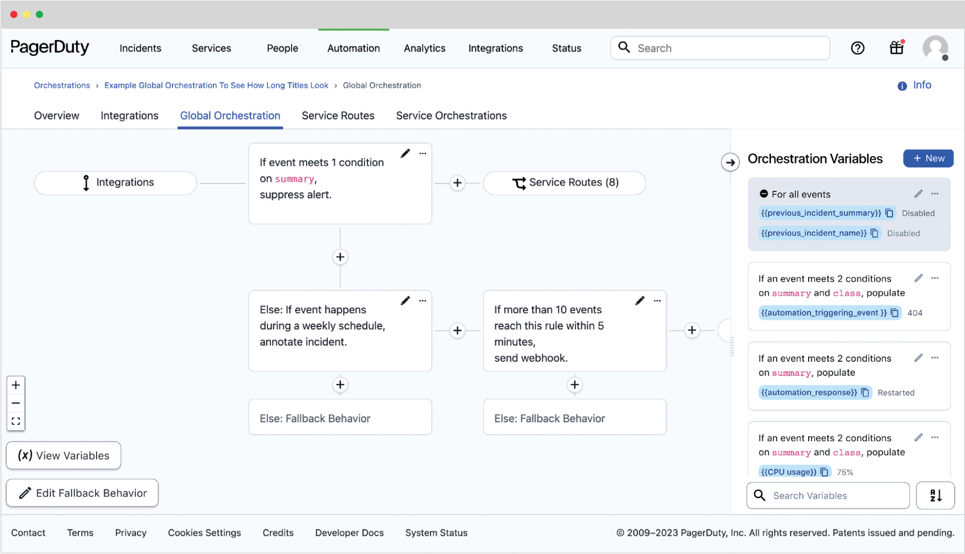 Global Orchestration configuration screen showing the Orchestration Variables configuration sub-menu