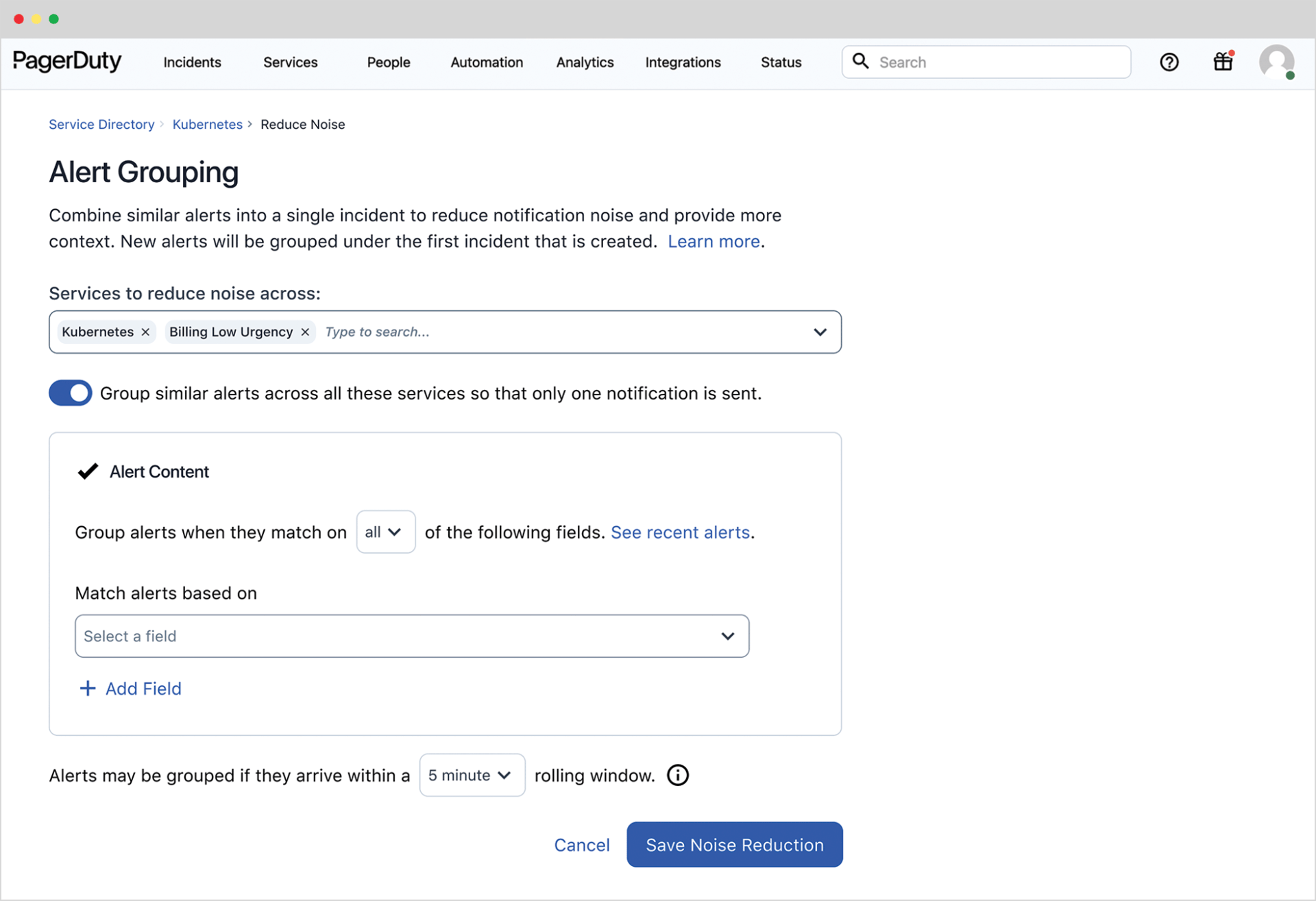Global Alert Grouping configuration page