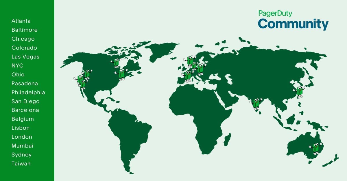 Map with locations where the PagerDuty Developer Advocates delivered talks in 2023, contributing to developer communities and sharing insights on incident management, automation, and digital operations.