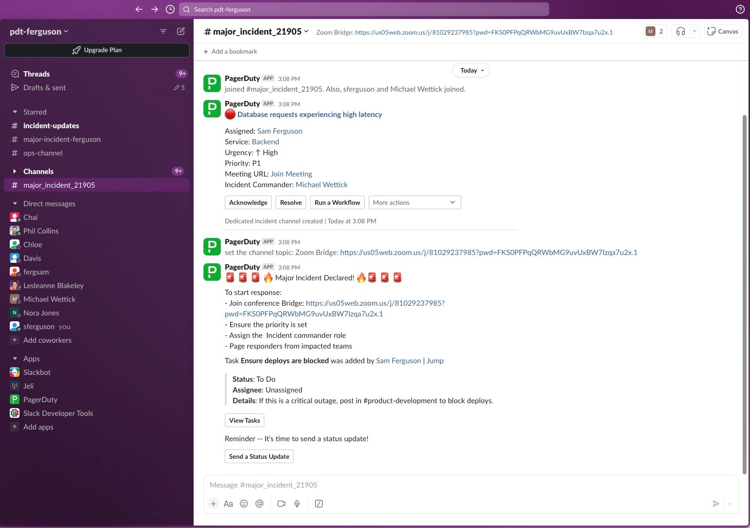 Screen shot of PD Slack experience.