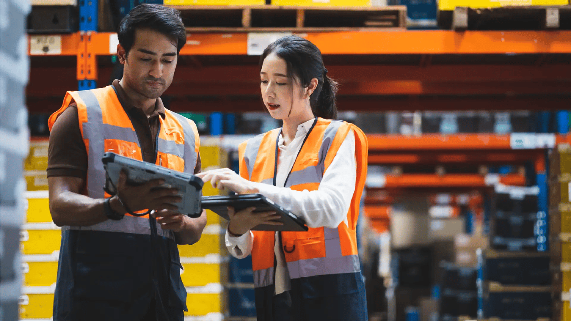 Man checking tablet in front of larger screen of figures