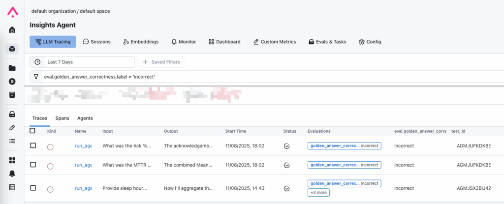 Figure 2 - Arize spans filtering allows easily identifying inputs that require attention.