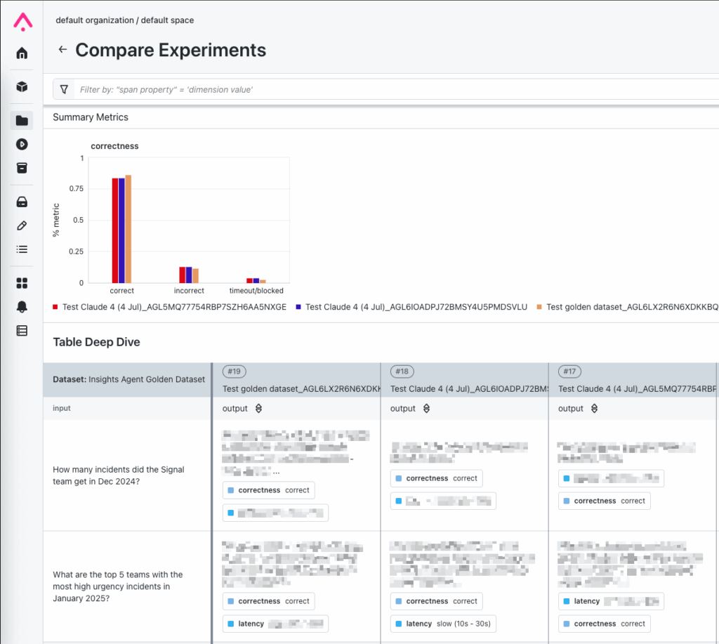 Figure 3 - Arize experiments can be used to compare results of different runs side-by-side.