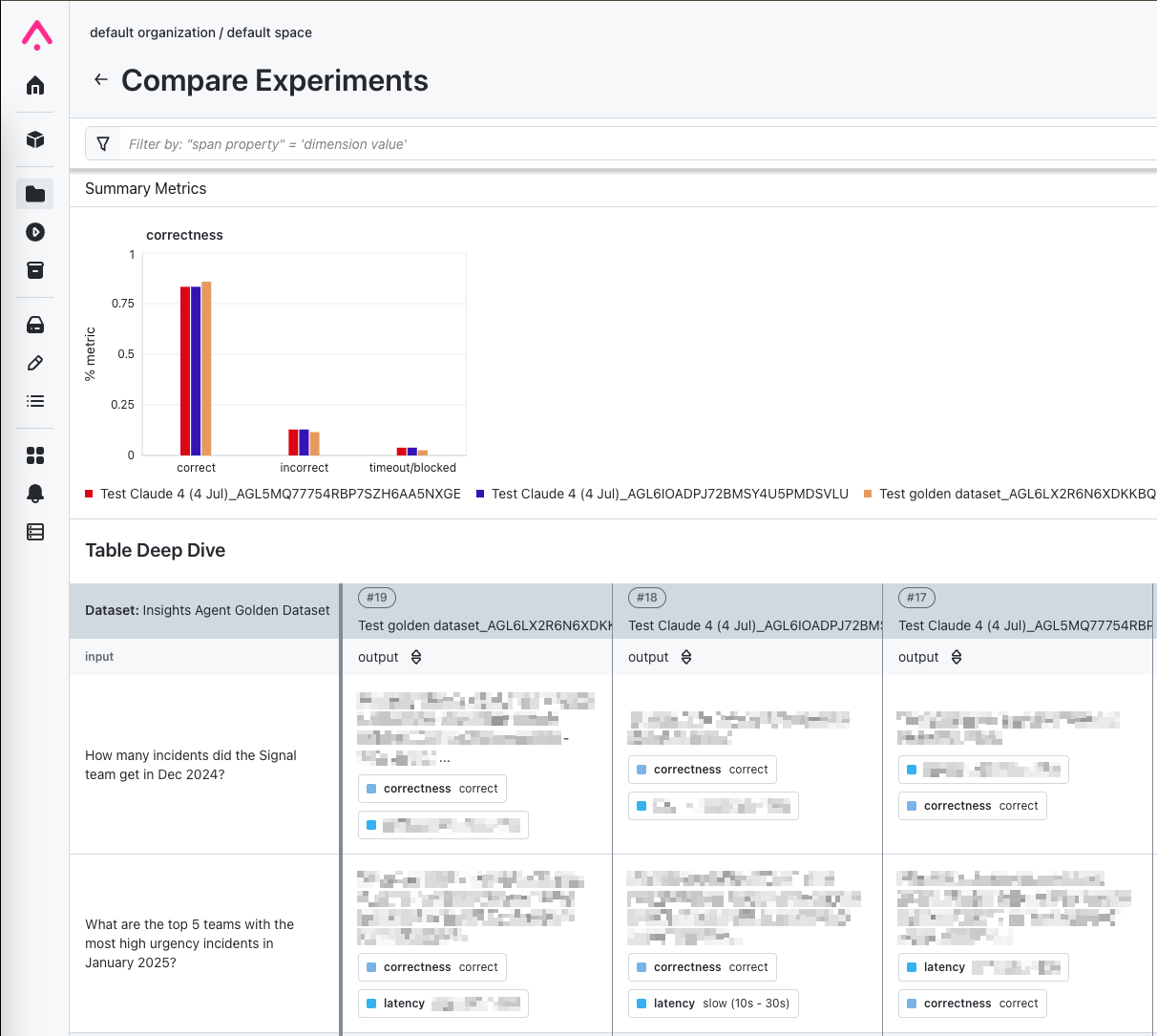 Figure 3 - Arize experiments can be used to compare results of different runs side-by-side.