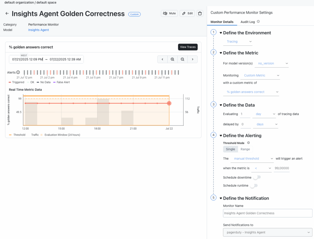 Figure 7 - Arize monitors are configured based on custom metrics to send notifications to PagerDuty when a threshold is breached.