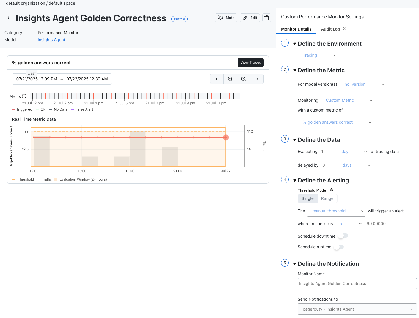 Figure 7 - Arize monitors are configured based on custom metrics to send notifications to PagerDuty when a threshold is breached.