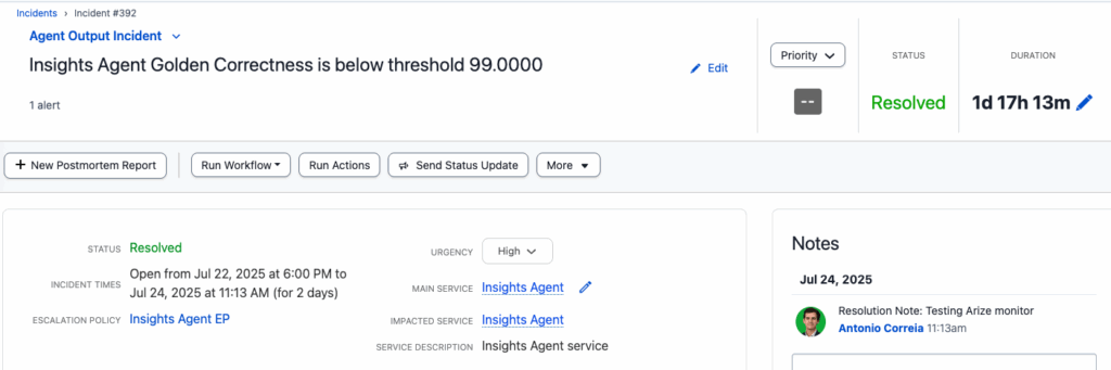 Figure 9 - An “Agent Output Incident” is created when the Arize monitor threshold is breached.