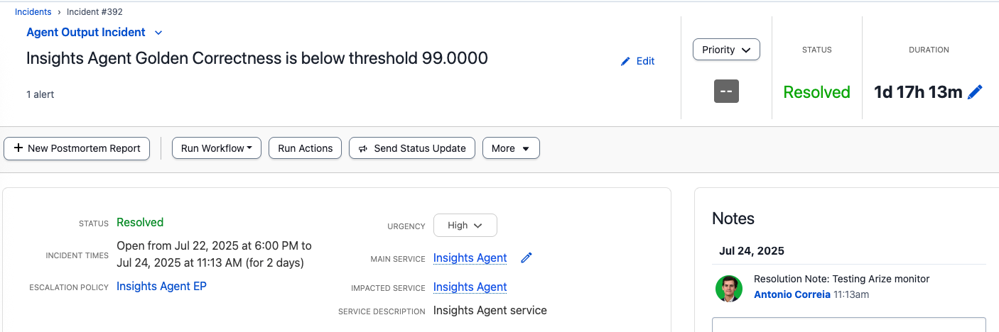 Figure 9 - An “Agent Output Incident” is created when the Arize monitor threshold is breached.