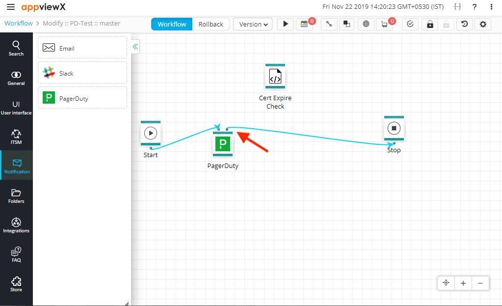 Screen shot of AppViewX Workflow Studio wit PagerDuty Task