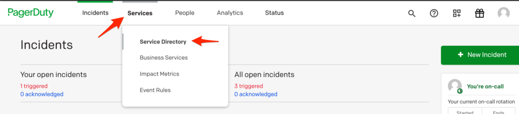 PagerDuty Service Directory menu