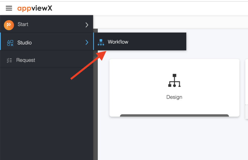 Screen shot of AppViewX Navigation to Workflow