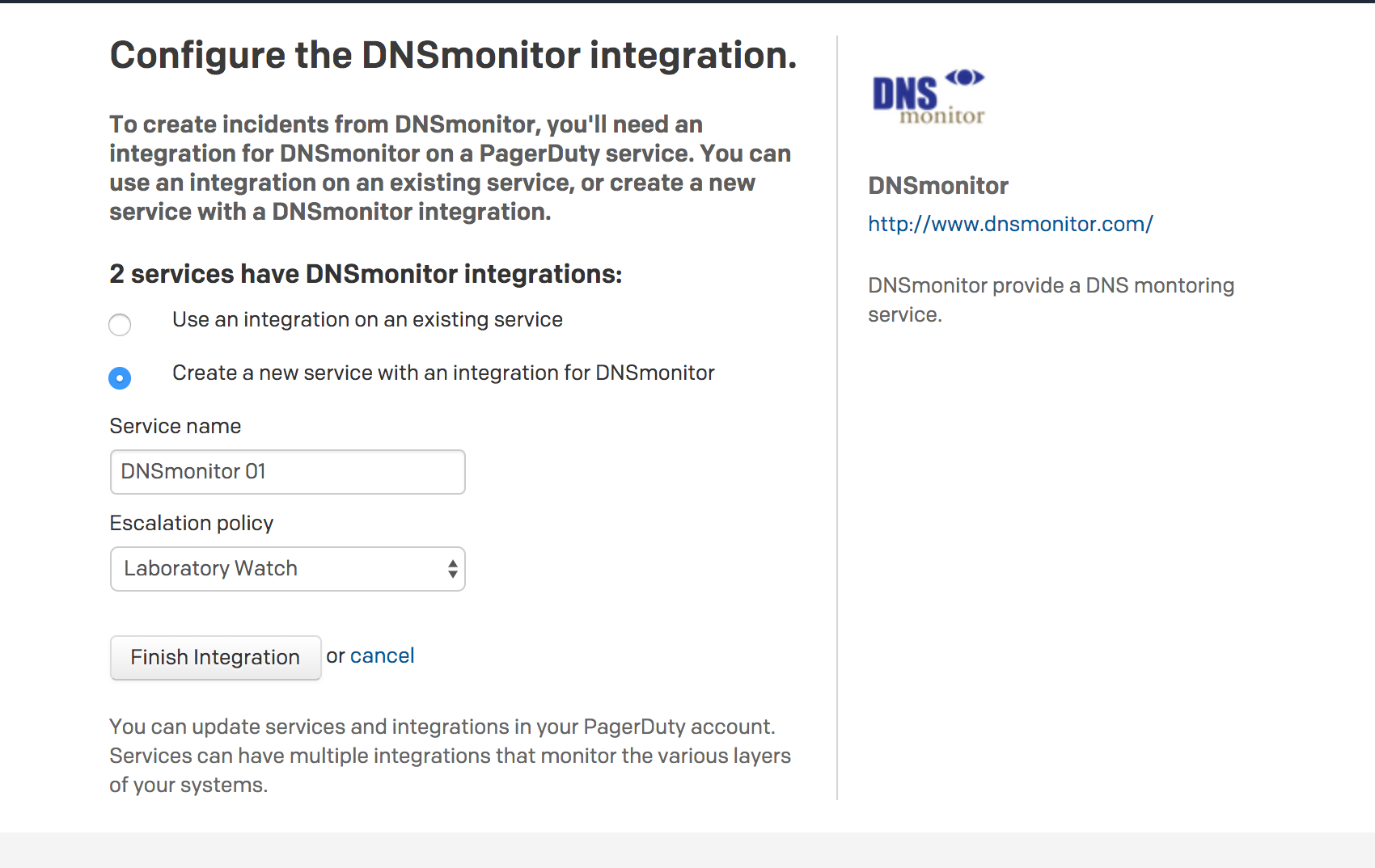 Prompt to create new service in PagerDuty